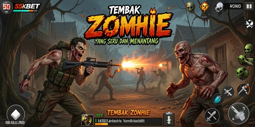 Antarmuka permainan 55KBET dengan aksi menembak zombie yang mendebarkan.