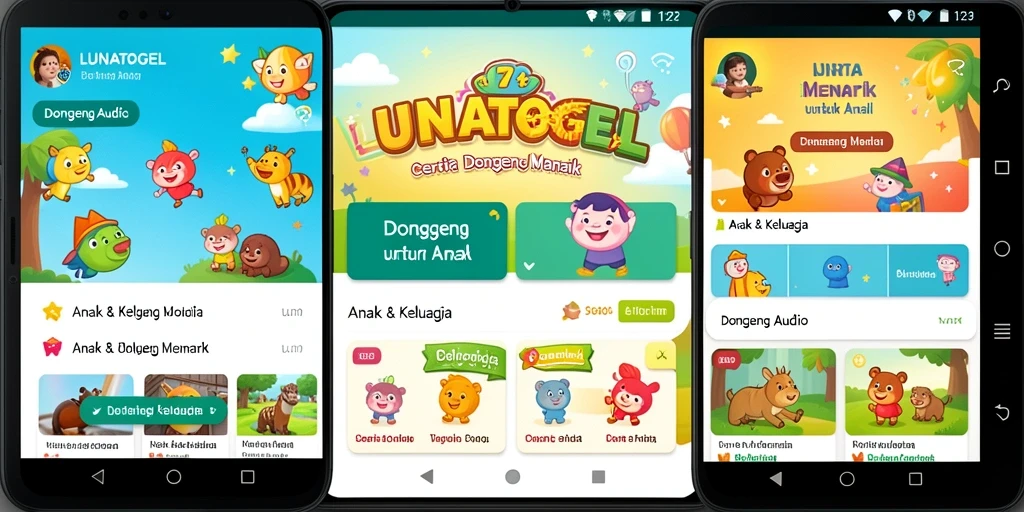 Antarmuka aplikasi LUNATOGEL yang ramah anak saat mendengarkan dongeng.